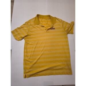 LSU Men's Yellow White Striped Polo Shirt Viscose M Short Sleeve Collared